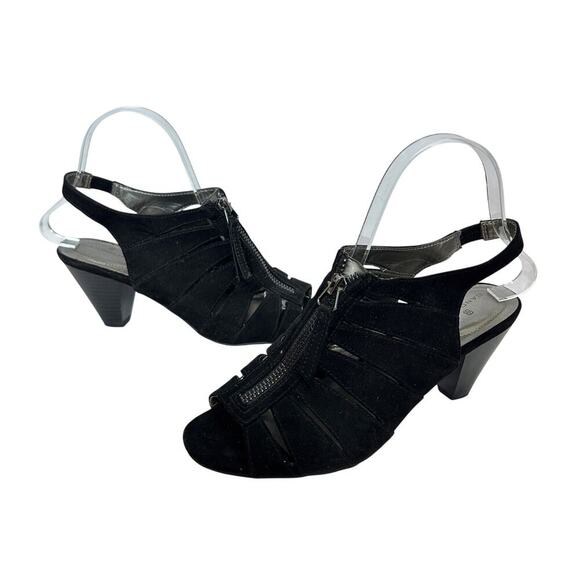 Bandolino Black Strappy Size 7.5 Zipper Heel Pump Open Toe Classic Closet Staple - Picture 1 of 10